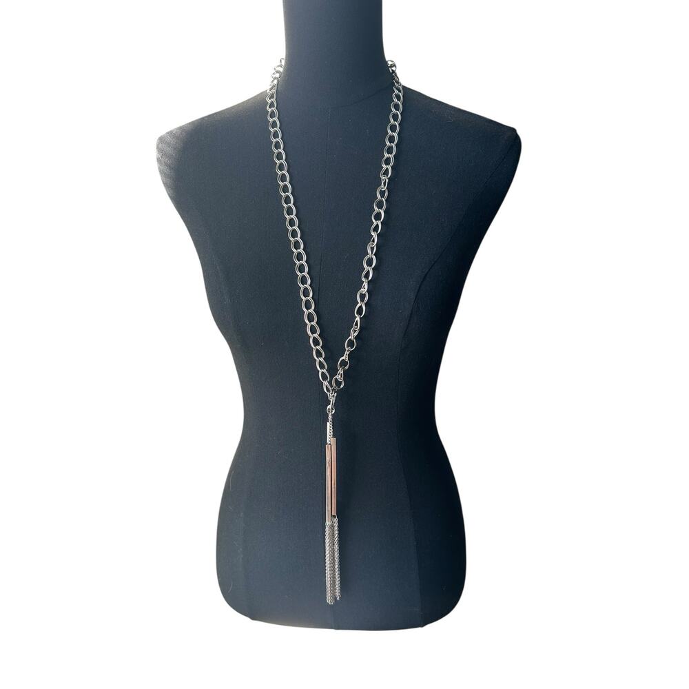 Modern Industrial Silver-Tone Tassel Lariat Necklace 35” Chain